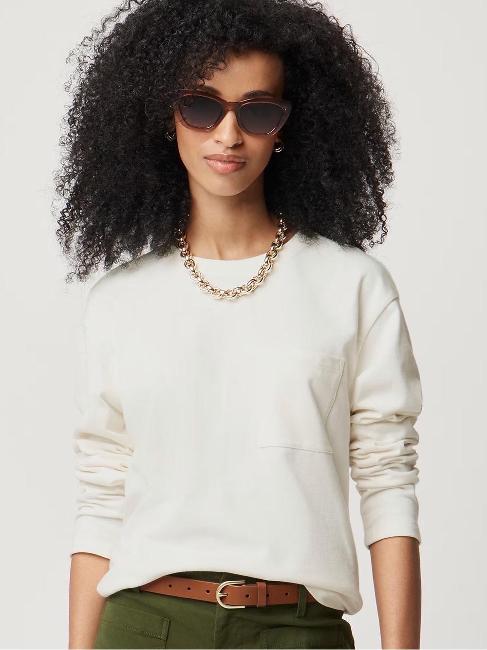 NWT J. Crew 100% Cotton Cream Ribbed-Neck Long-Sleeve Pocket Tee Shirt Classic
